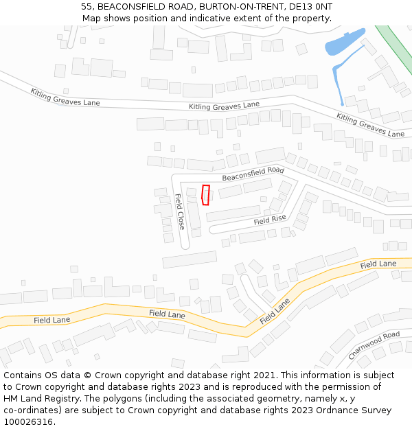 55, BEACONSFIELD ROAD, BURTON-ON-TRENT, DE13 0NT: Location map and indicative extent of plot