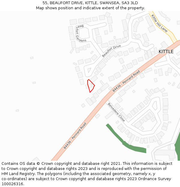 55, BEAUFORT DRIVE, KITTLE, SWANSEA, SA3 3LD: Location map and indicative extent of plot