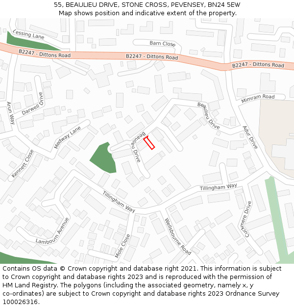 55, BEAULIEU DRIVE, STONE CROSS, PEVENSEY, BN24 5EW: Location map and indicative extent of plot