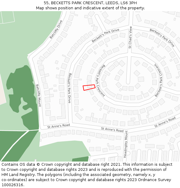 55, BECKETTS PARK CRESCENT, LEEDS, LS6 3PH: Location map and indicative extent of plot