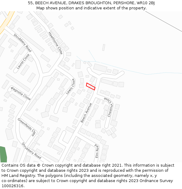 55, BEECH AVENUE, DRAKES BROUGHTON, PERSHORE, WR10 2BJ: Location map and indicative extent of plot