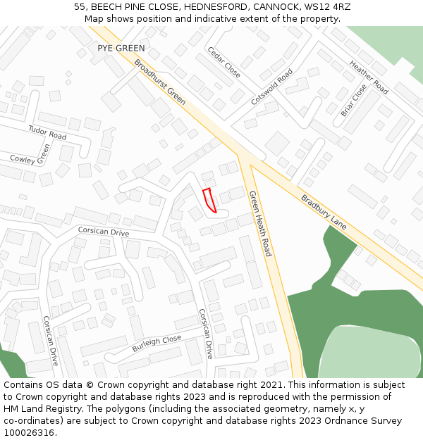 55, BEECH PINE CLOSE, HEDNESFORD, CANNOCK, WS12 4RZ: Location map and indicative extent of plot