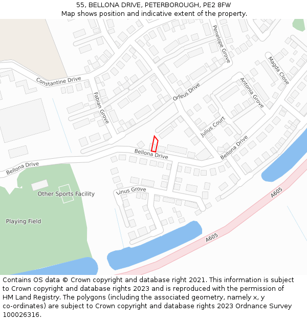 55, BELLONA DRIVE, PETERBOROUGH, PE2 8FW: Location map and indicative extent of plot