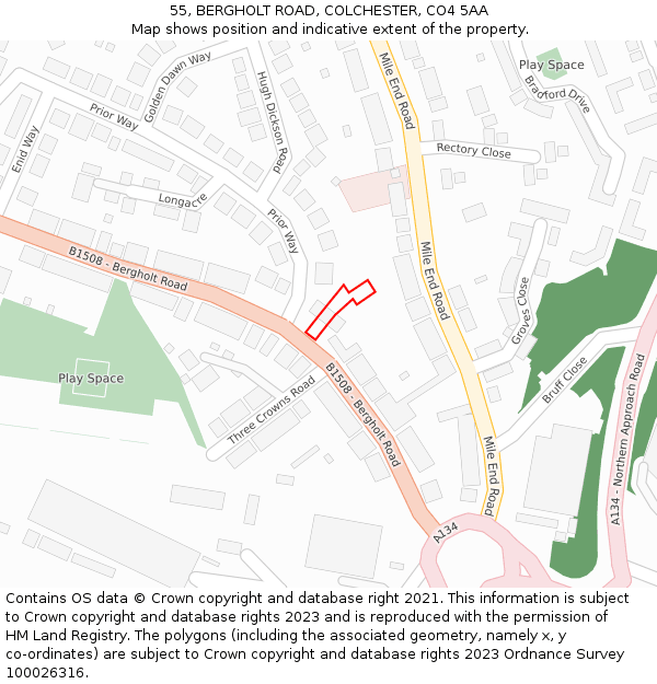 55, BERGHOLT ROAD, COLCHESTER, CO4 5AA: Location map and indicative extent of plot