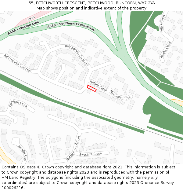 55, BETCHWORTH CRESCENT, BEECHWOOD, RUNCORN, WA7 2YA: Location map and indicative extent of plot