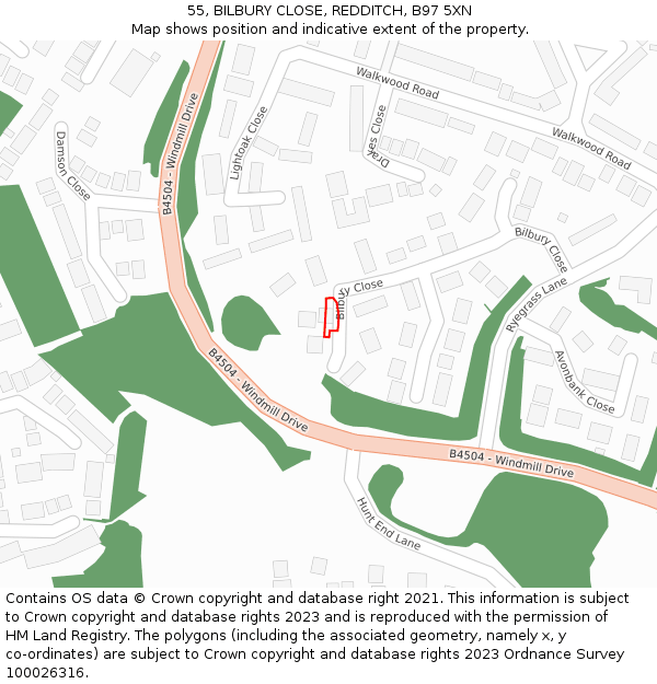 55, BILBURY CLOSE, REDDITCH, B97 5XN: Location map and indicative extent of plot