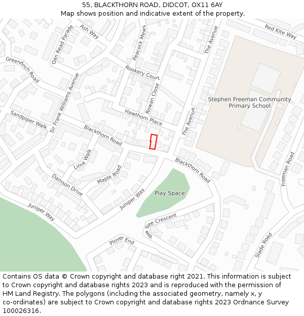 55, BLACKTHORN ROAD, DIDCOT, OX11 6AY: Location map and indicative extent of plot