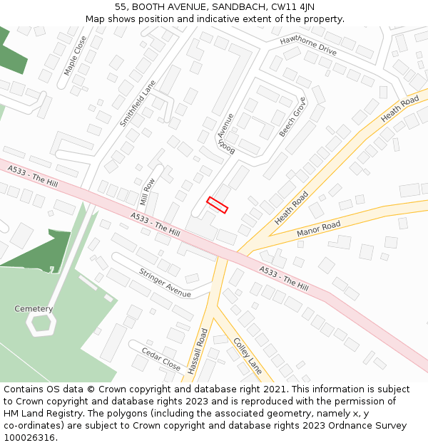 55, BOOTH AVENUE, SANDBACH, CW11 4JN: Location map and indicative extent of plot