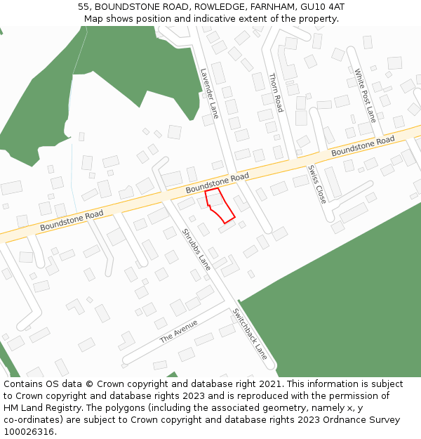 55, BOUNDSTONE ROAD, ROWLEDGE, FARNHAM, GU10 4AT: Location map and indicative extent of plot