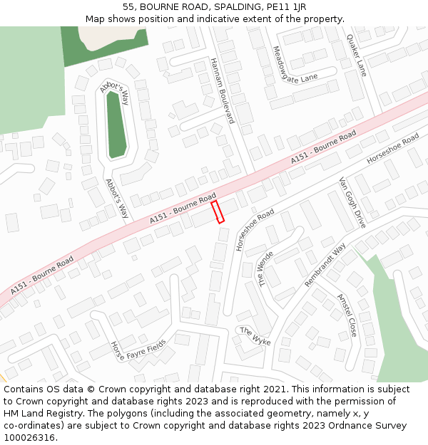 55, BOURNE ROAD, SPALDING, PE11 1JR: Location map and indicative extent of plot