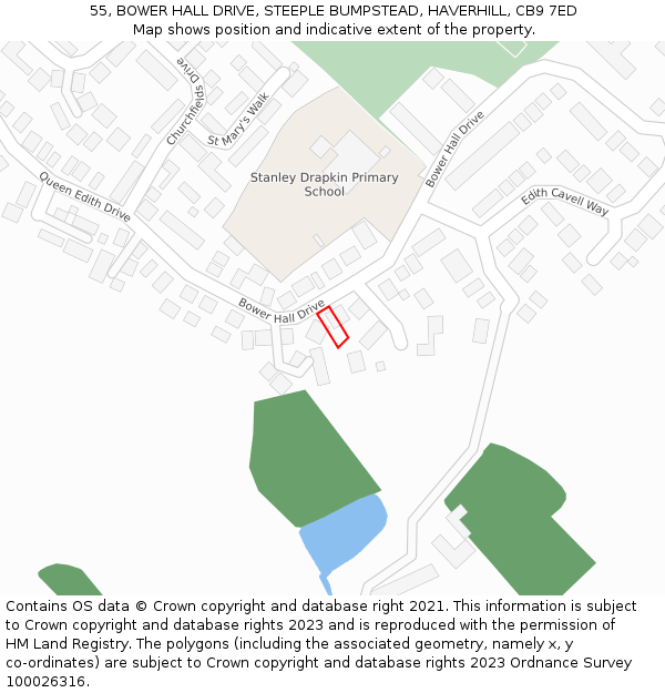 55, BOWER HALL DRIVE, STEEPLE BUMPSTEAD, HAVERHILL, CB9 7ED: Location map and indicative extent of plot