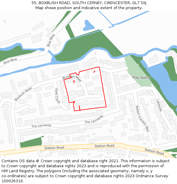 55, BOXBUSH ROAD, SOUTH CERNEY, CIRENCESTER, GL7 5XJ: Location map and indicative extent of plot