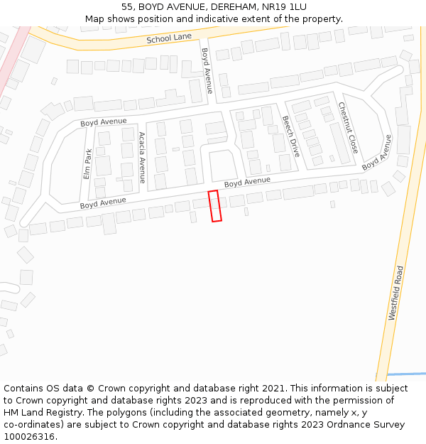 55, BOYD AVENUE, DEREHAM, NR19 1LU: Location map and indicative extent of plot