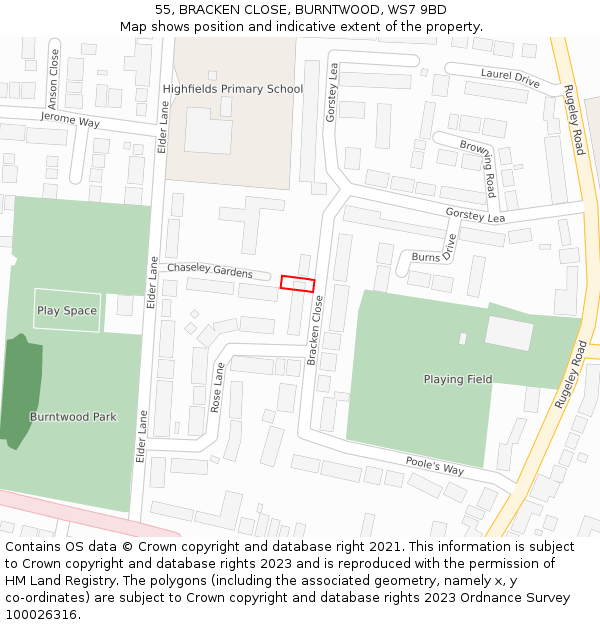 55, BRACKEN CLOSE, BURNTWOOD, WS7 9BD: Location map and indicative extent of plot
