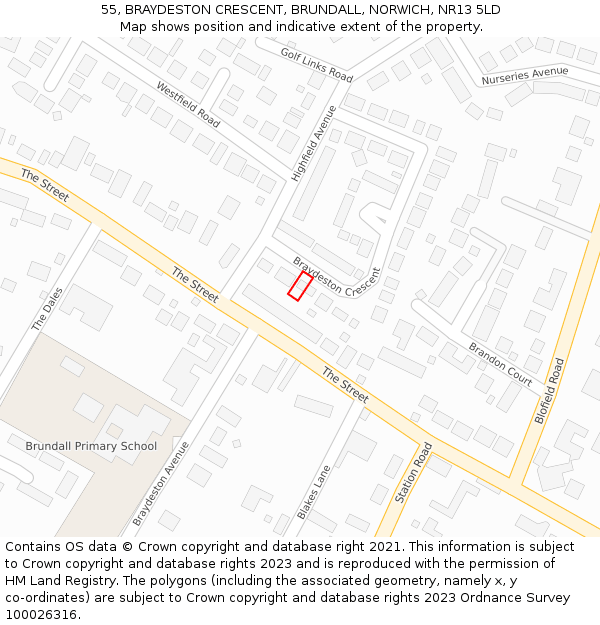 55, BRAYDESTON CRESCENT, BRUNDALL, NORWICH, NR13 5LD: Location map and indicative extent of plot