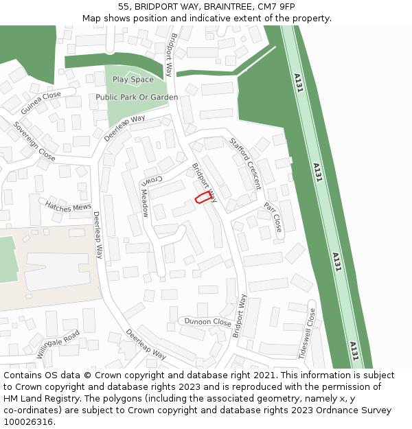 55, BRIDPORT WAY, BRAINTREE, CM7 9FP: Location map and indicative extent of plot