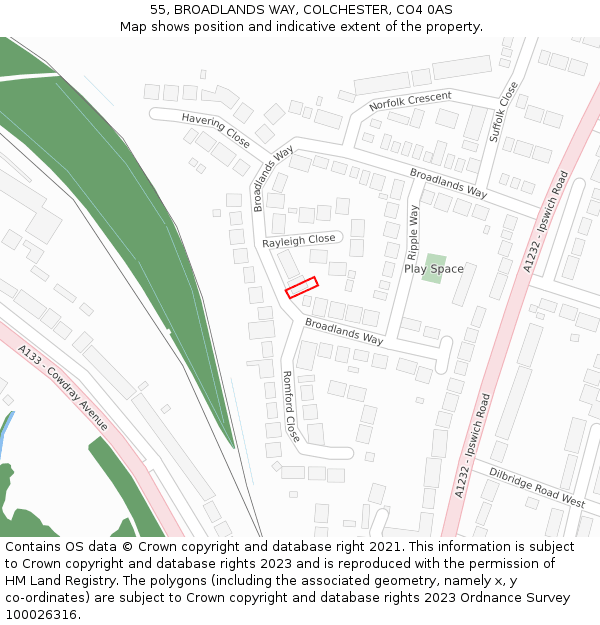 55, BROADLANDS WAY, COLCHESTER, CO4 0AS: Location map and indicative extent of plot