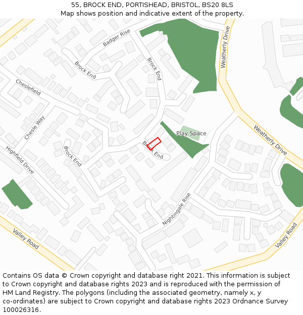 55, BROCK END, PORTISHEAD, BRISTOL, BS20 8LS: Location map and indicative extent of plot