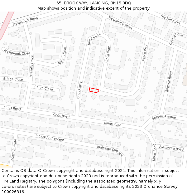 55, BROOK WAY, LANCING, BN15 8DQ: Location map and indicative extent of plot