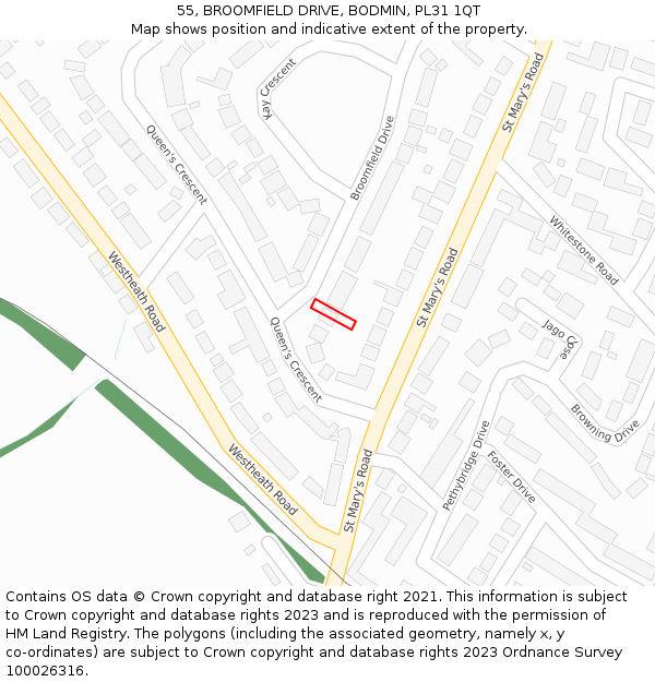 55, BROOMFIELD DRIVE, BODMIN, PL31 1QT: Location map and indicative extent of plot