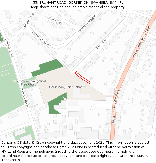 55, BRUNANT ROAD, GORSEINON, SWANSEA, SA4 4FL: Location map and indicative extent of plot