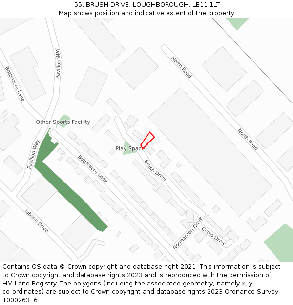 55, BRUSH DRIVE, LOUGHBOROUGH, LE11 1LT: Location map and indicative extent of plot