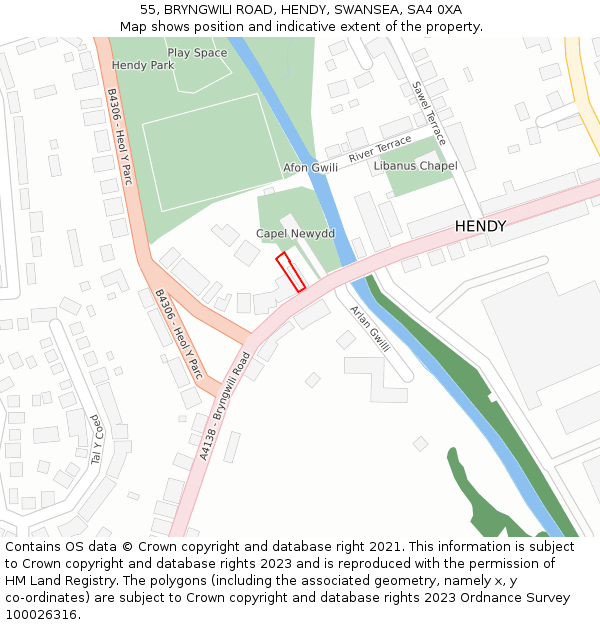 55, BRYNGWILI ROAD, HENDY, SWANSEA, SA4 0XA: Location map and indicative extent of plot