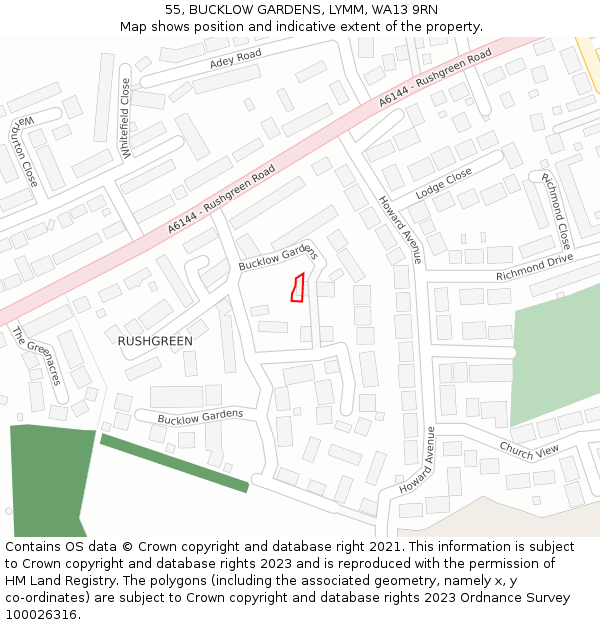 55, BUCKLOW GARDENS, LYMM, WA13 9RN: Location map and indicative extent of plot