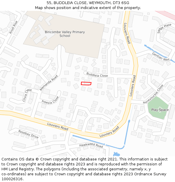 55, BUDDLEIA CLOSE, WEYMOUTH, DT3 6SG: Location map and indicative extent of plot