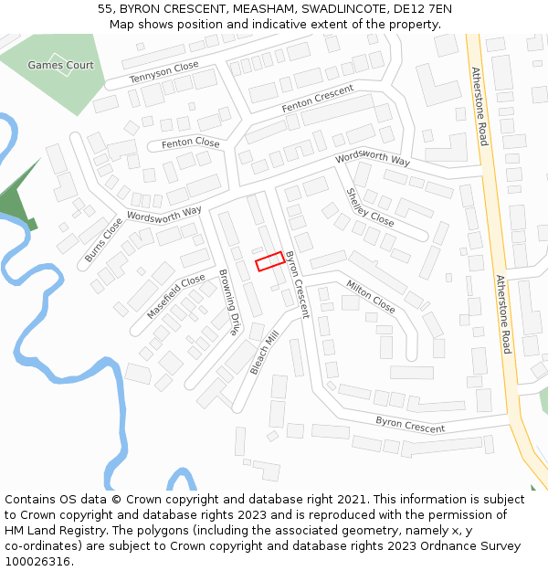 55, BYRON CRESCENT, MEASHAM, SWADLINCOTE, DE12 7EN: Location map and indicative extent of plot