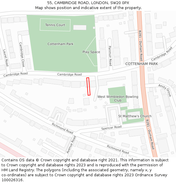 55, CAMBRIDGE ROAD, LONDON, SW20 0PX: Location map and indicative extent of plot