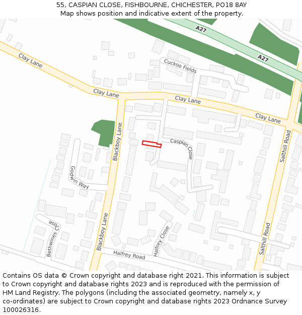 55, CASPIAN CLOSE, FISHBOURNE, CHICHESTER, PO18 8AY: Location map and indicative extent of plot