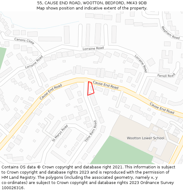 55, CAUSE END ROAD, WOOTTON, BEDFORD, MK43 9DB: Location map and indicative extent of plot