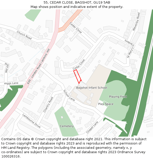 55, CEDAR CLOSE, BAGSHOT, GU19 5AB: Location map and indicative extent of plot