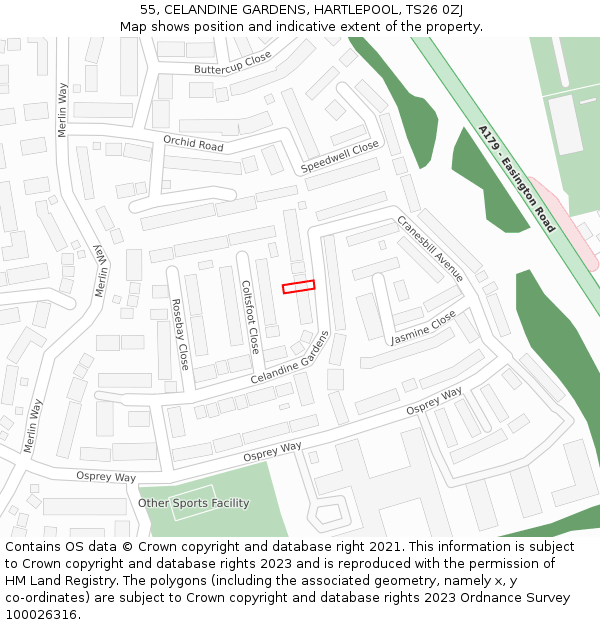 55, CELANDINE GARDENS, HARTLEPOOL, TS26 0ZJ: Location map and indicative extent of plot