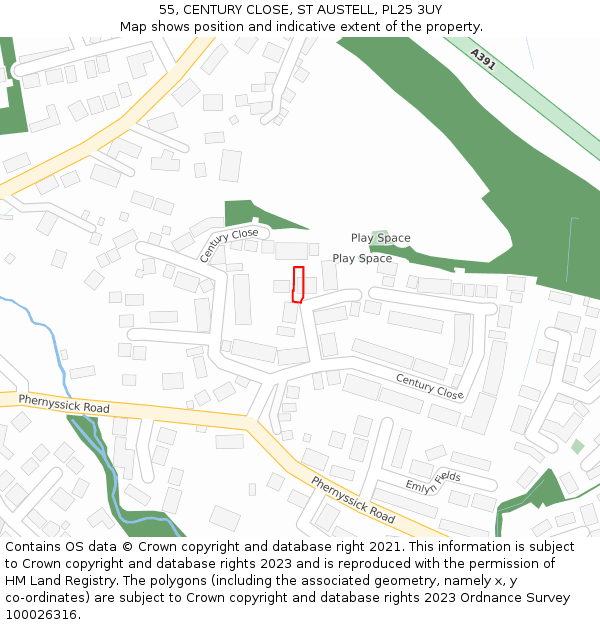 55, CENTURY CLOSE, ST AUSTELL, PL25 3UY: Location map and indicative extent of plot