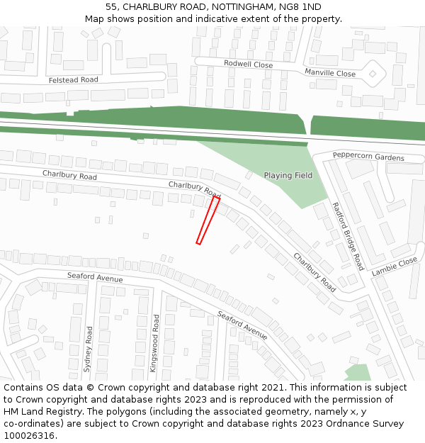 55, CHARLBURY ROAD, NOTTINGHAM, NG8 1ND: Location map and indicative extent of plot