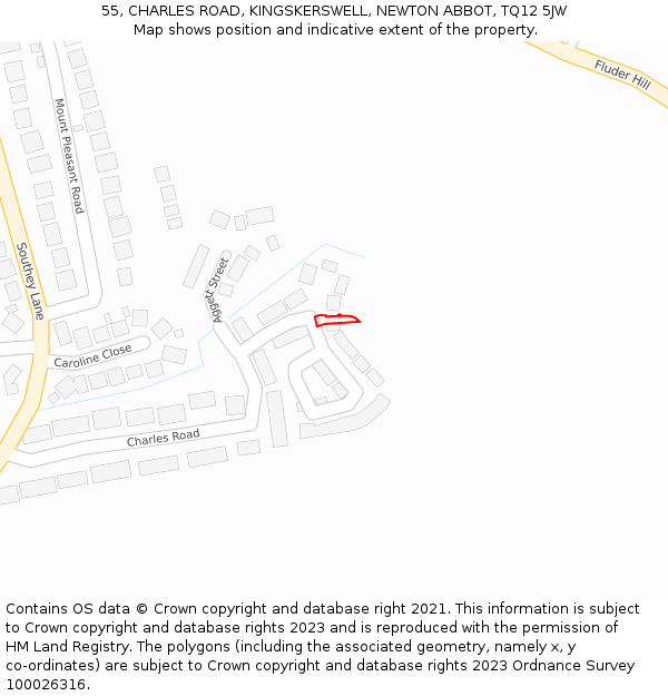 55, CHARLES ROAD, KINGSKERSWELL, NEWTON ABBOT, TQ12 5JW: Location map and indicative extent of plot