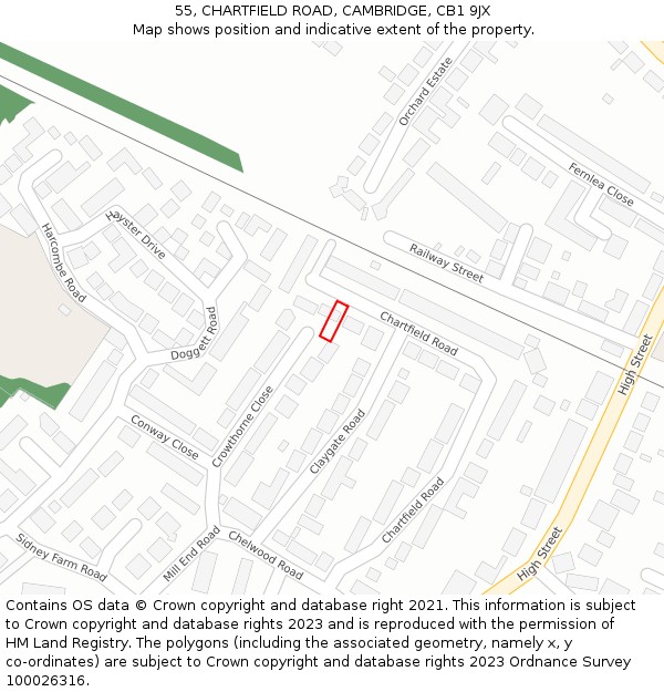 55, CHARTFIELD ROAD, CAMBRIDGE, CB1 9JX: Location map and indicative extent of plot