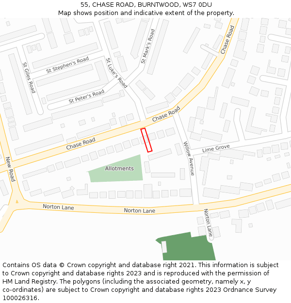 55, CHASE ROAD, BURNTWOOD, WS7 0DU: Location map and indicative extent of plot