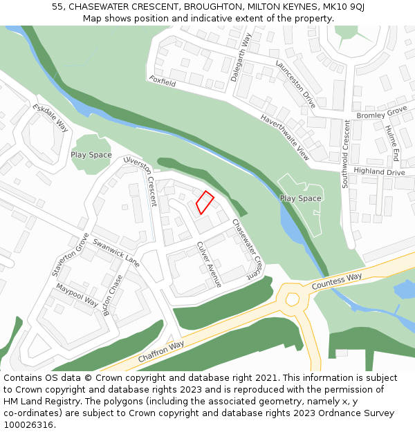 55, CHASEWATER CRESCENT, BROUGHTON, MILTON KEYNES, MK10 9QJ: Location map and indicative extent of plot