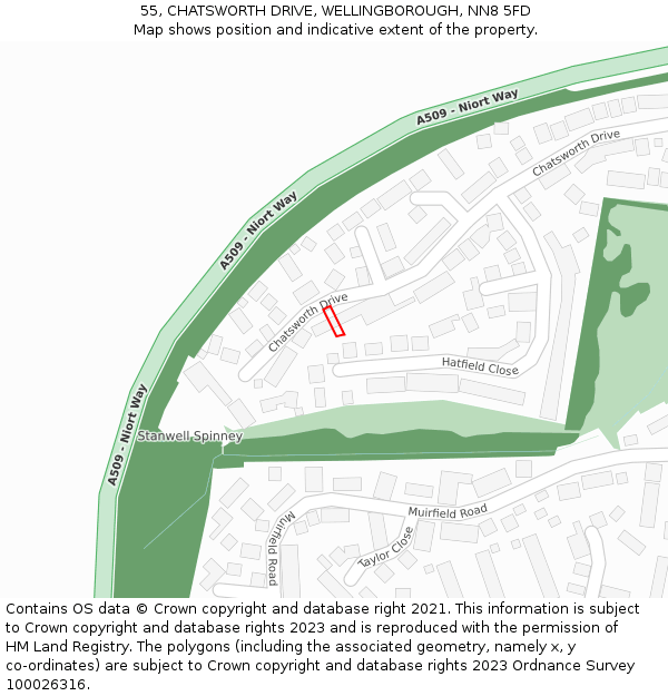 55, CHATSWORTH DRIVE, WELLINGBOROUGH, NN8 5FD: Location map and indicative extent of plot