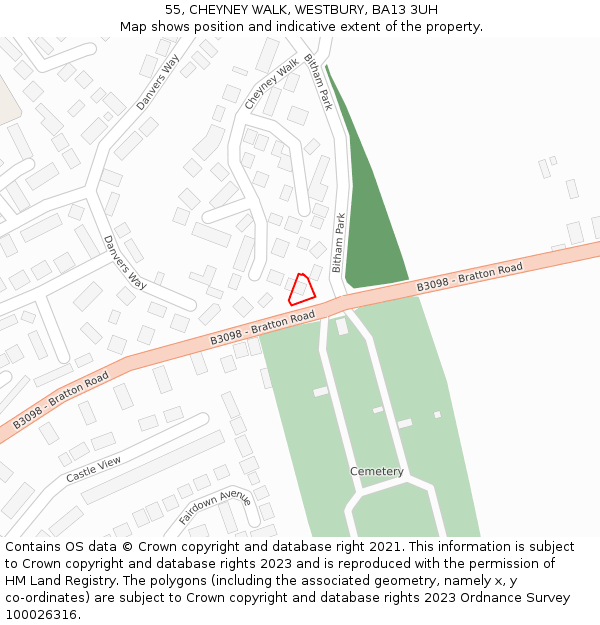 55, CHEYNEY WALK, WESTBURY, BA13 3UH: Location map and indicative extent of plot