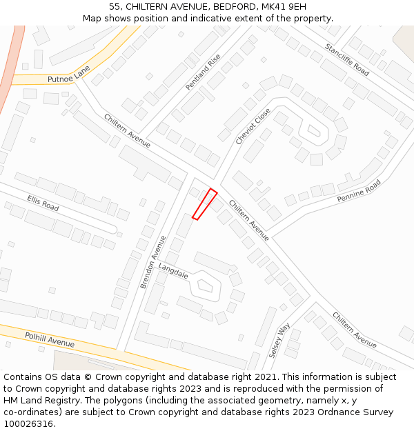 55, CHILTERN AVENUE, BEDFORD, MK41 9EH: Location map and indicative extent of plot