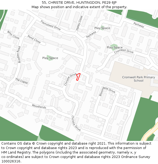 55, CHRISTIE DRIVE, HUNTINGDON, PE29 6JP: Location map and indicative extent of plot