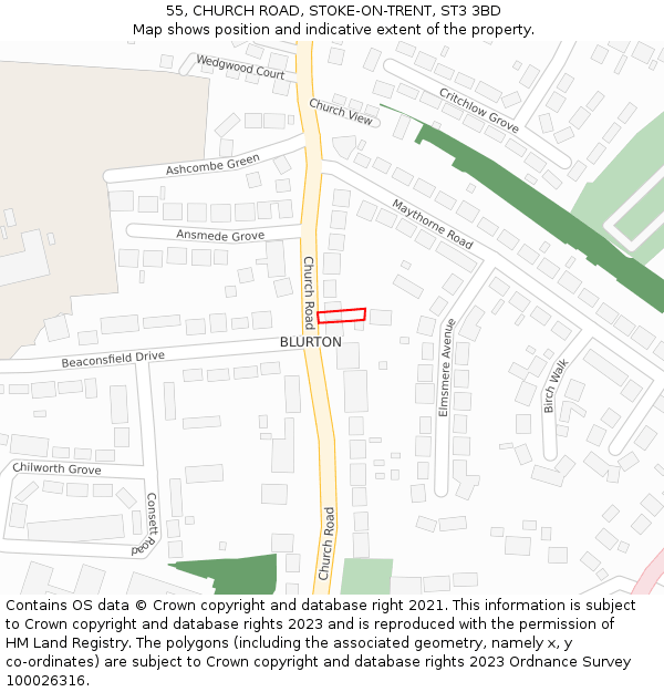 55, CHURCH ROAD, STOKE-ON-TRENT, ST3 3BD: Location map and indicative extent of plot
