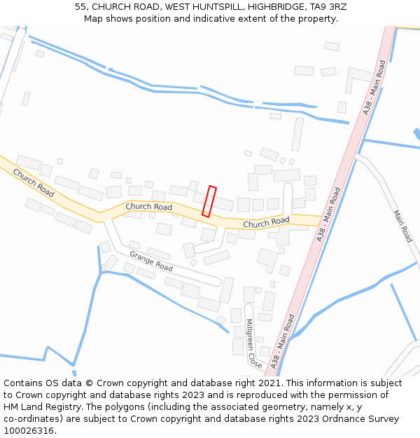 55, CHURCH ROAD, WEST HUNTSPILL, HIGHBRIDGE, TA9 3RZ: Location map and indicative extent of plot