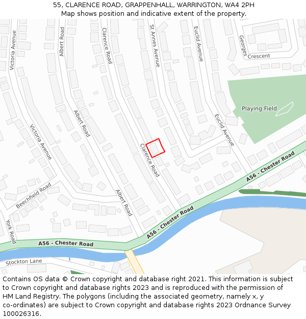 55, CLARENCE ROAD, GRAPPENHALL, WARRINGTON, WA4 2PH: Location map and indicative extent of plot