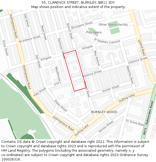 55, CLARENCE STREET, BURNLEY, BB11 3DY: Location map and indicative extent of plot