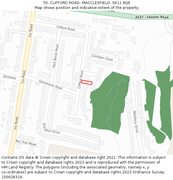 55, CLIFFORD ROAD, MACCLESFIELD, SK11 8QE: Location map and indicative extent of plot